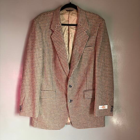 Vintage ADAM HALL Men's 44L Brown Houndstooth Wool Tweed Blazer Sports Coat NWOT - Picture 1 of 11